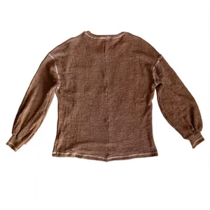 Brown Waffle Knit Long Sleeve Loungewear Pajama Top Small thumbnail 3