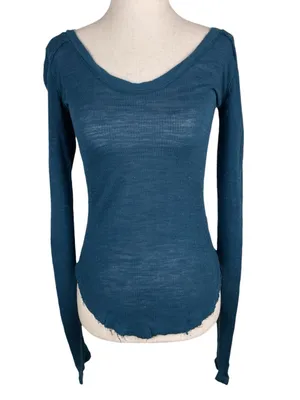 Free People We the Free Scoop Neck Long Sleeve Top XS Raw Edge Rayon Linen Knit Tight Fit thumbnail 9