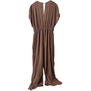 SheIn Womens Brown Gauze Surplice V-Neck Wide Leg Jumpsuit Boho Short Sleeve One Piece thumbnail 2