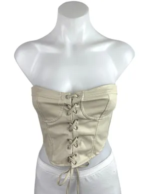 Zara Beige Sleeveless Strapless Lace Up Corset Bustier Smocked Crop Top Size XS thumbnail 1