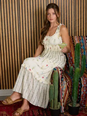 Floral Colorblock Ruffle Tiered Midi Dress Ivory Multi Medium NWT thumbnail 2