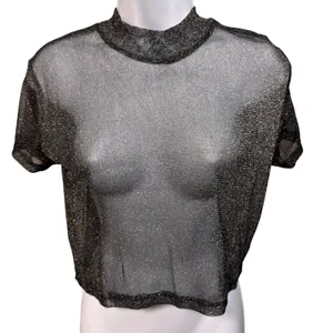 NWT COTTON ON Black Metallic Mesh Crop Top M Grunge Goth Festival‎ Punk Fetish thumbnail 1