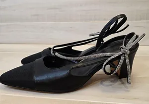 {11} Coutgo Rhinestone Slingback Chunky Heel Pointes Toe Black thumbnail 4
