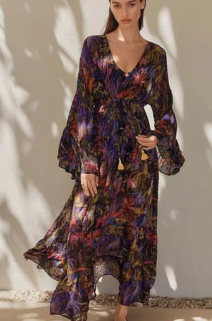Anthropologie Purple Multi Floral summer Tie-Waist Maxi Dress thumbnail 1