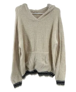 Easel hooded L eyelash sweater cream black stripes soft preppy v-neck neutral thumbnail 1