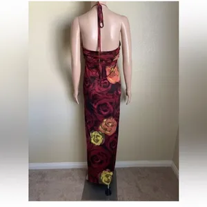 Alice + Olivia Silk V-Neck Halter Top Maxi Dress Red Orange Roses Size Large thumbnail 4