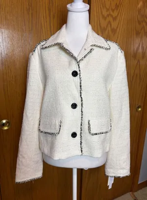 Amanda + Chelsea Natural Tweed Fringe Button Front Jacket Cream Black NWT M thumbnail 1