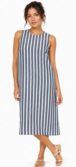 St. Tropez West Striped Linen Shift Dress Blue White Coastal Sleeveless Size 2 thumbnail 1