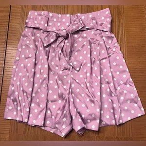 ZARA Lilac & White Polka‎ Dot High Waisted Flowy Satin Belted Paperbag Shorts XS thumbnail 8