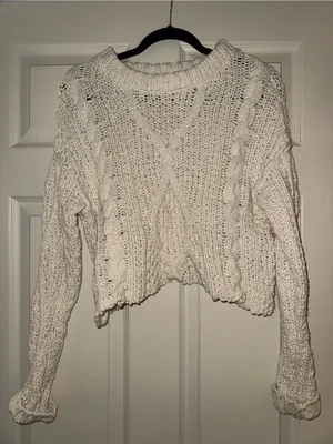 Free People Ivory Cable Knit Cropped Crew Sweater thumbnail 1