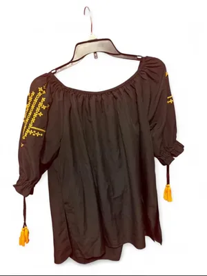 Boohoo Black Off-Shoulder Top with Yellow Artisanal Embroidery thumbnail 9