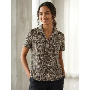 Josephine Chaus Silk Shirt Womens 8 Tan Black Zebra Print Short Sleeve Excellent thumbnail 8