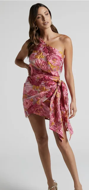 Showpo Pink and Orange wrap mini dress one shoulder thumbnail 1