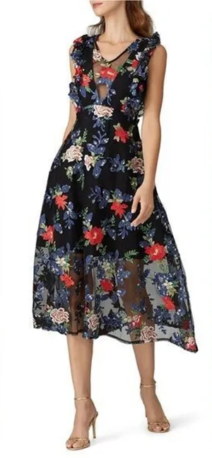 RTR VONEFloral Avalyn Dress Sleeveless embroidered MIDI V-neck black floral thumbnail 1