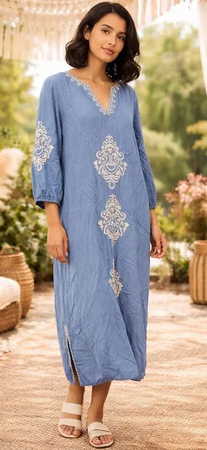 Soft Surroundings Embroidered Boho Midi Dress Gauze Coastal Linen Lagenlook Med thumbnail 1