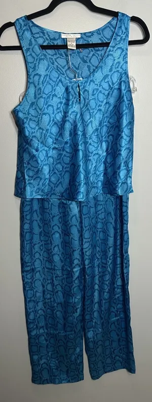 Morgan Taylor Intimates Pajama Set Women’s Small Blue Satin Snakeskin Pants/Tank thumbnail 1