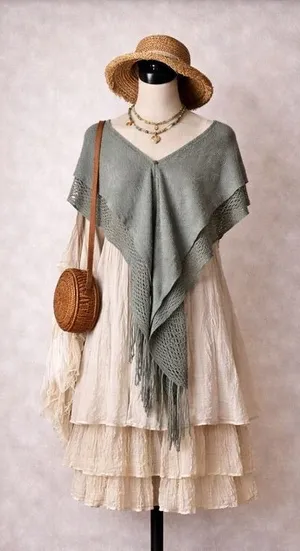 Chloé Boho Knit Fringe Poncho Wrap Women OS Gray Mesh Shawl Capelet V-Neck thumbnail 1