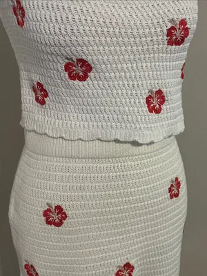 wild fable White Crochet Two-Piece Skirt Set with Red Floral Embroidery thumbnail 2