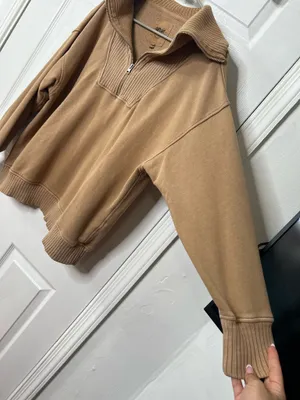 Aerie Camel Quarter Zip Pullover Sweatshirt Cozy Lounge Minimalist Athleisure M thumbnail 6