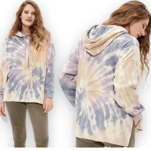 American Eagle Women Tie Dye Oversized Hoodie Purple Tan Side Slit Sweatshirt XS thumbnail 3