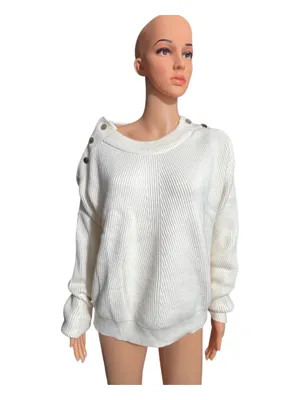 Women’s Cream Ribbed Knit Sweater Button Shoulder Detail Long Sleeve thumbnail 8