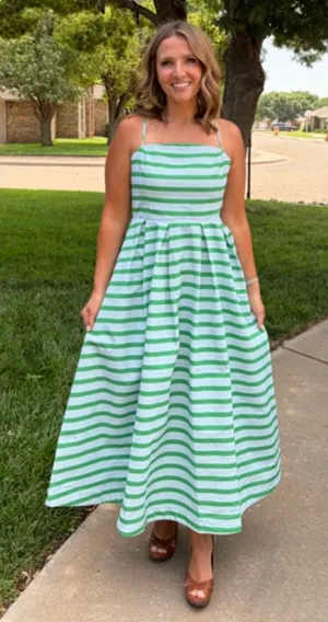 ENGLISH FACTORY Pleated Stripe Midi Dress in Green Stripe Size Medium thumbnail 1