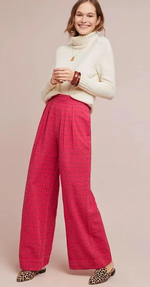 Anthropologie High Rise Pleated Wide Leg Pants Full Length Pink Plaid Size 4 thumbnail 1