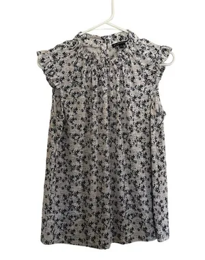 Adrianna Papell white and blue floral high neckline ruched formal business top thumbnail 1