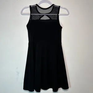 AQUA Black Sleeveless Mesh Yoke Cutout Fit and Flare Skater Dress‎ Large USA thumbnail 2