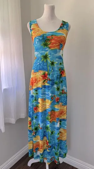 Vintage Y2K Tropical Hawaiian Print Lightweight Scoop Neck Sleeveless Maxi Dress thumbnail 4