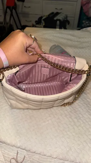 PINK - Victoria's Secret Cream/ white purse with pink stripe interior thumbnail 2