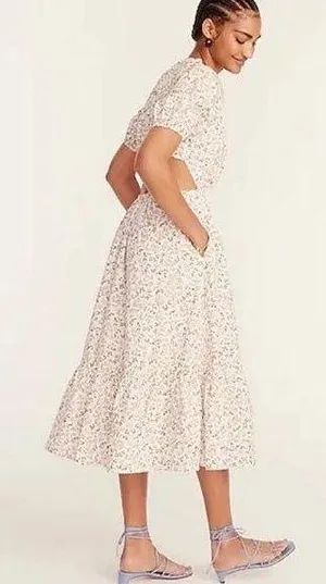 J.Crew Side Cutout Poplin Cotton A-Line Midi Dress White Meadow Floral thumbnail 1