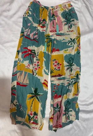 Tropical Print Elastic-Waist Casual Pants - Teal, Yellow & Pink thumbnail 1