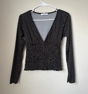 Good Days Project Black White Polka Dot Smocked Long Sleeve Top S thumbnail 1