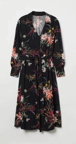 H&M Black Floral Tie Belt Waist Colorful Work Dress Size XS thumbnail 1