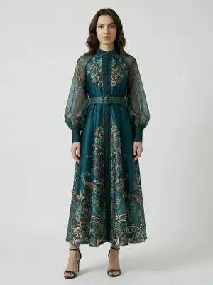 NWT DALIA MACPHEE Long Sleeve Mock Neck Printed Maxi Dress Small Belted Green thumbnail 3