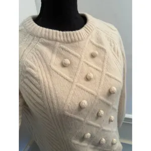 J.Crew 100% Wool Chunky Diamond Cable Knit Pom-Pom Cropped Sweater Ivory Cottage thumbnail 3