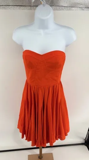Rebecca Taylor Strapless Silk Cocktail Dress Orange Pleated Skirt Women’s 4 thumbnail 1