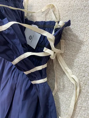 Navy Midi Dress with White Trim and Spaghetti Straps Size L 100% Cotton thumbnail 14
