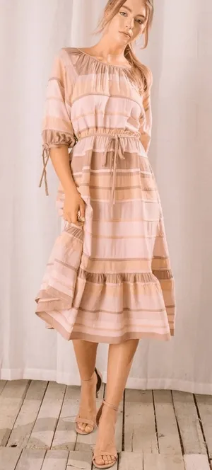 Storia Neopolitan stripes midi dress peach beige short sleeve bows elastic waist thumbnail 1