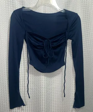 DAZY Women’s Navy Ruched Front Long Sleeve Top Size Small Ribbed Knit thumbnail 1