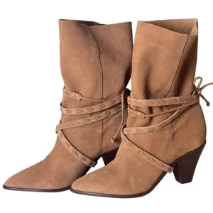 Schutz Portia Suede Ankle Boots Honey Peach Tan Leather‎ Wrap Straps Size 6B thumbnail 4