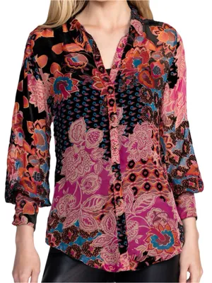 Johnny Was Size M Yrene Alvarado Burnout Velvet Floral Long Sleeve Shirt Blouse thumbnail 1