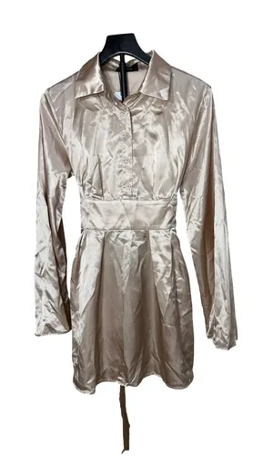 Cider Women Champagne Beige Satin Long Flared Sleeve Shirt Mini‎ Dress Size S thumbnail 1