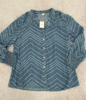 Cato Blue Chevron-Pattern Button Down Blouse thumbnail 1