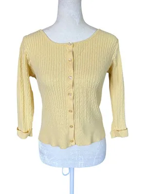 Women's yellow ribbed knit 3/4 sleeve button down top cuffed sleeves size M thumbnail 1