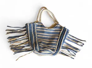 NWOT Blue Cream Boho Fringe Tote Bag Rope Handle thumbnail 2