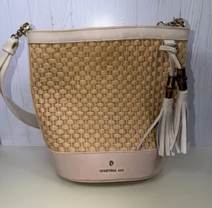 Spartina 449 Woven Straw Bucket Crossbody Bag Bamboo Tassels Cream thumbnail 1