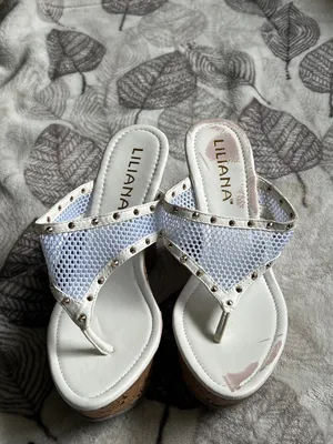 Liliana White Cork Wedge Thong Sandals with Stud Accents thumbnail 2