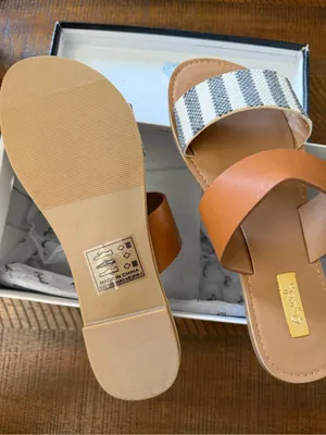 Striped Canvas & Tan Slide Sandals - Women thumbnail 2